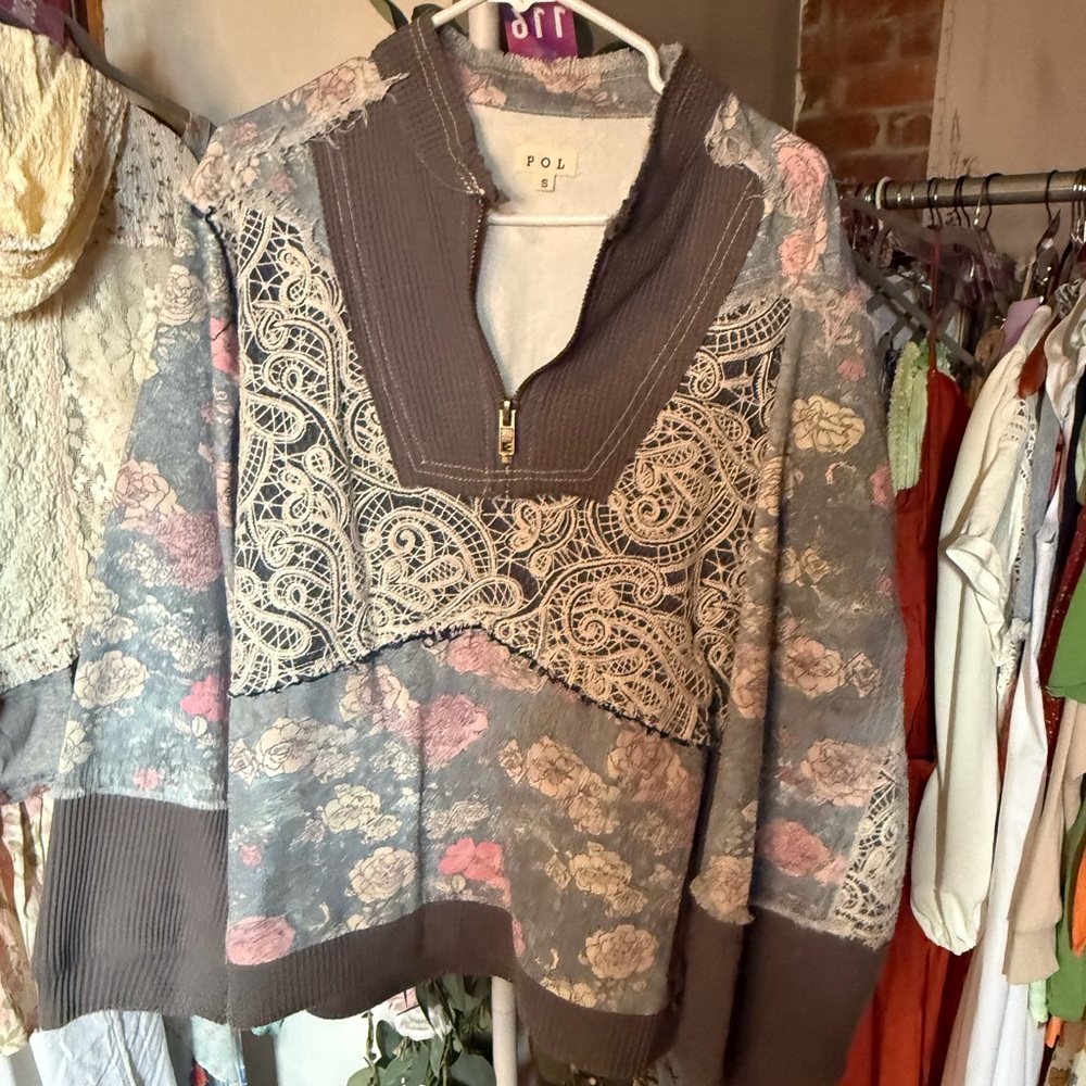 POL Gray and Pink Lace Sweater NWOT